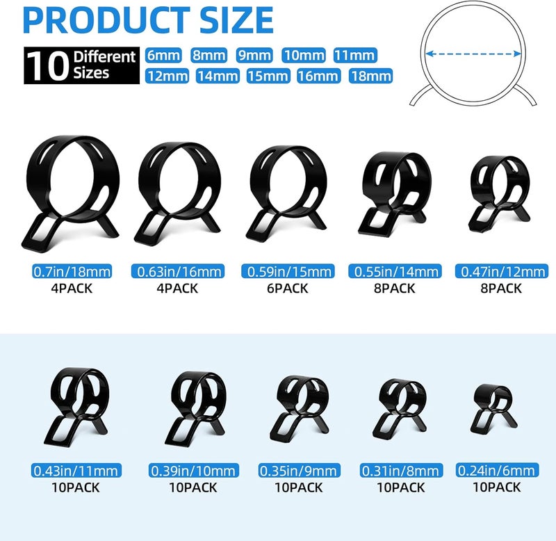 AUUTI 80pcs Vacuum Hose Clamps Assortment Kit - Spring Hose Clamps for 6mm To 18mm Silicone Pipes - Low Pressure Air Clip Set (Black) - Image 2